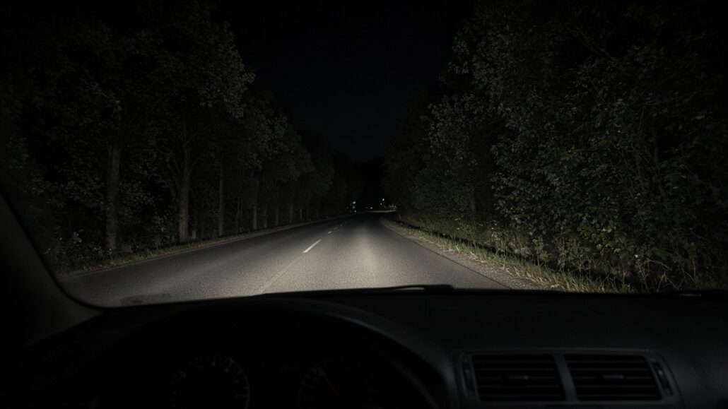 Nachts Auto fahren: besser sehen und sicher reagieren 2 Blick aus dem Auto bei Nacht: Abblendlicht leuchtet eine dunkle Landstraße aus