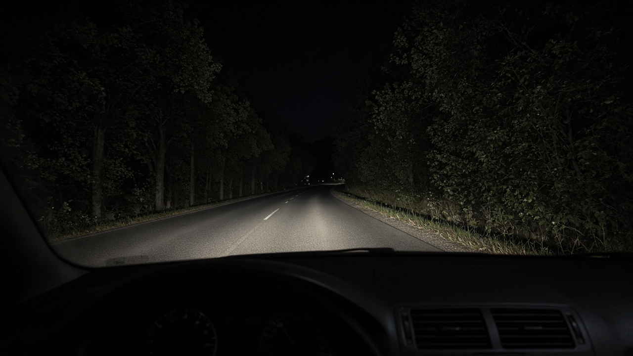 Nachts Auto fahren: besser sehen und sicher reagieren 6 Blick aus dem Auto bei Nacht: Abblendlicht leuchtet eine dunkle Landstraße aus