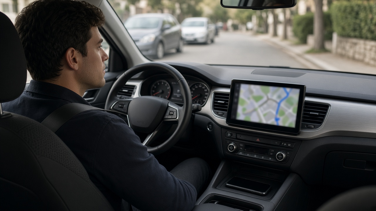 Navigation richtig einstellen: entspannt vor der Fahrt planen 7 Fahrer sitzt im geparkten Auto und prüft die Navigation auf dem Bildschirm, Tageslicht