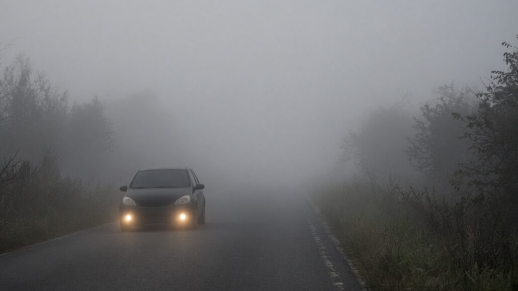 Bei Nebel fahren: Sicht und Geschwindigkeit richtig einschätzen 2 Auto fährt langsam auf einer nebligen Landstraße, die Sicht endet nach wenigen Metern