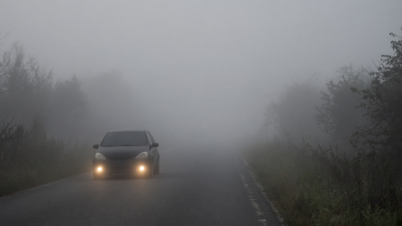 Bei Nebel fahren: Sicht und Geschwindigkeit richtig einschätzen 6 Auto fährt langsam auf einer nebligen Landstraße, die Sicht endet nach wenigen Metern