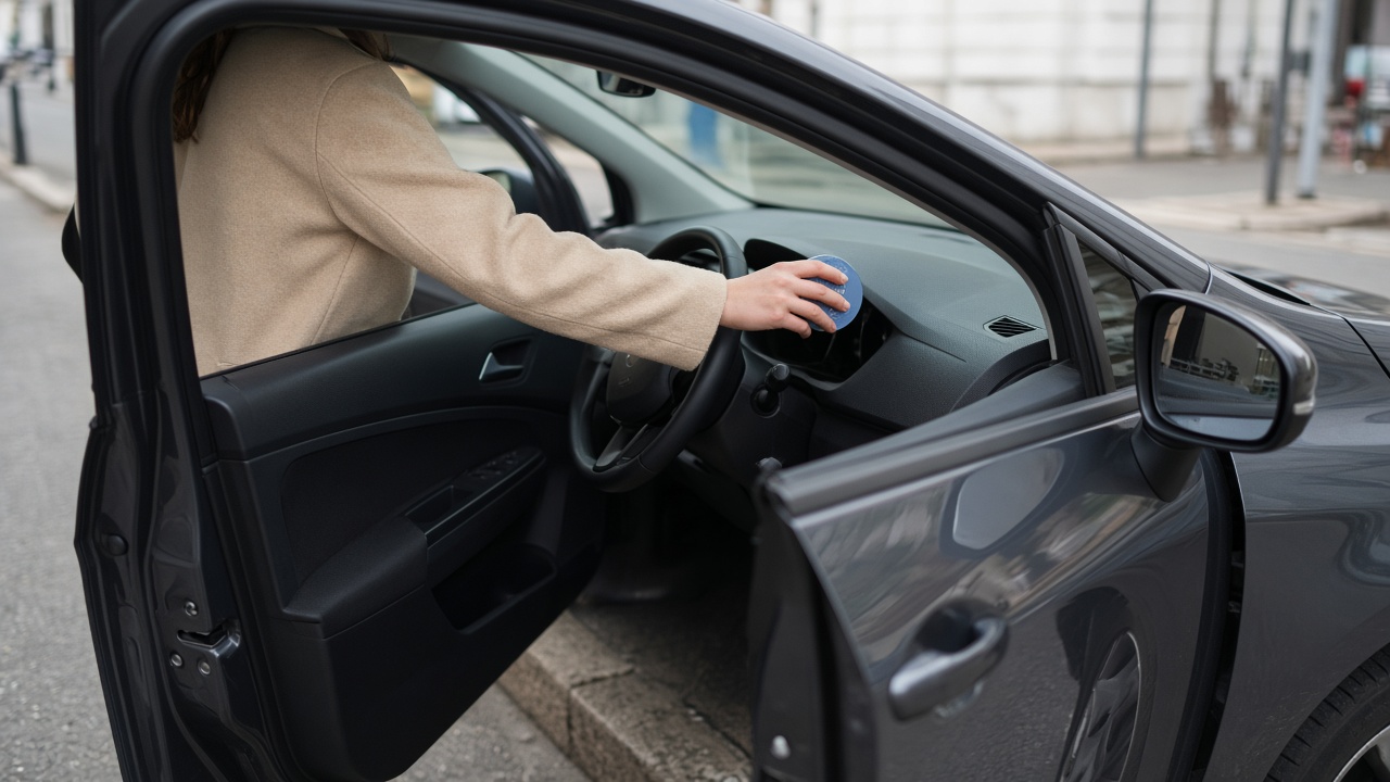 Parkscheibe, Parkschein und Park-App richtig benutzen 3 Person legt eine Parkscheibe ins Auto, die Zahlen auf der Scheibe sind nicht lesbar