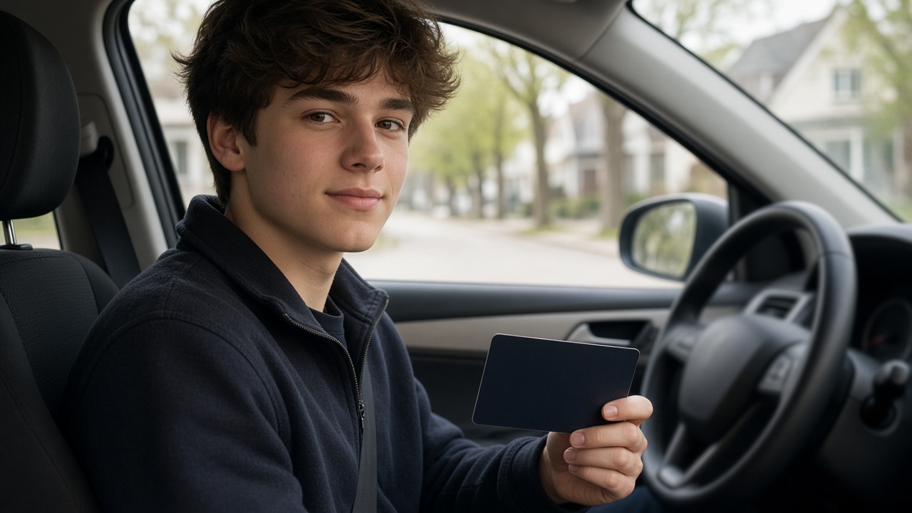 Probezeit beim Führerschein: Was muss ich wissen? 7 Junge Fahrerin sitzt im geparkten Auto und hält eine geschlossene Kartenhülle, Tageslicht