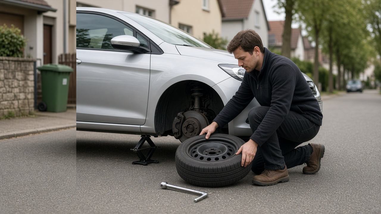 Reifen wechseln: Schritt für Schritt erklärt 5 Kompletter Radwechsel: Wagenheber unter dem Auto, Rad abgeschraubt, Ersatzrad daneben.