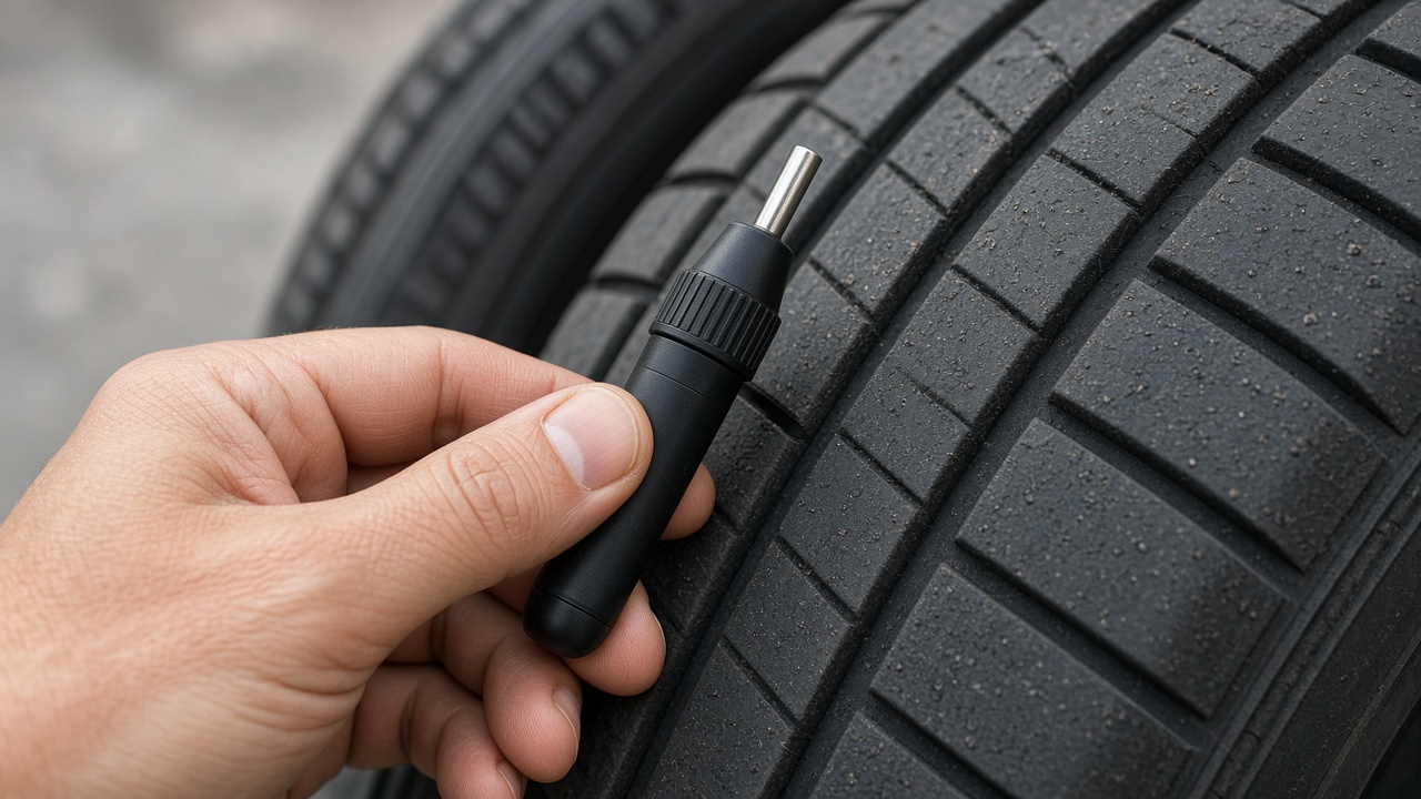 Reifenprofil und Reifenalter erkennen 7 Profiltiefe eines Autoreifens wird mit einer Profillehre gemessen.