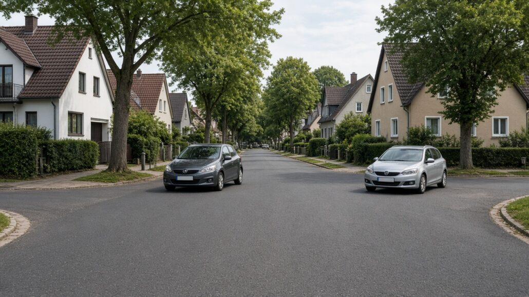 Rechts vor links: So erkennst du die Vorfahrt richtig 2 Zwei Autos nähern sich einer unbeschilderten Wohnstraßenkreuzung ohne Ampeln