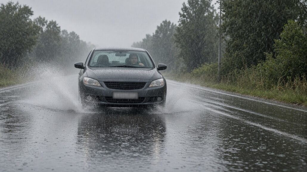 Bei Regen und Aquaplaning richtig reagieren 2 Auto fährt bei starkem Regen über eine nasse Fahrbahn