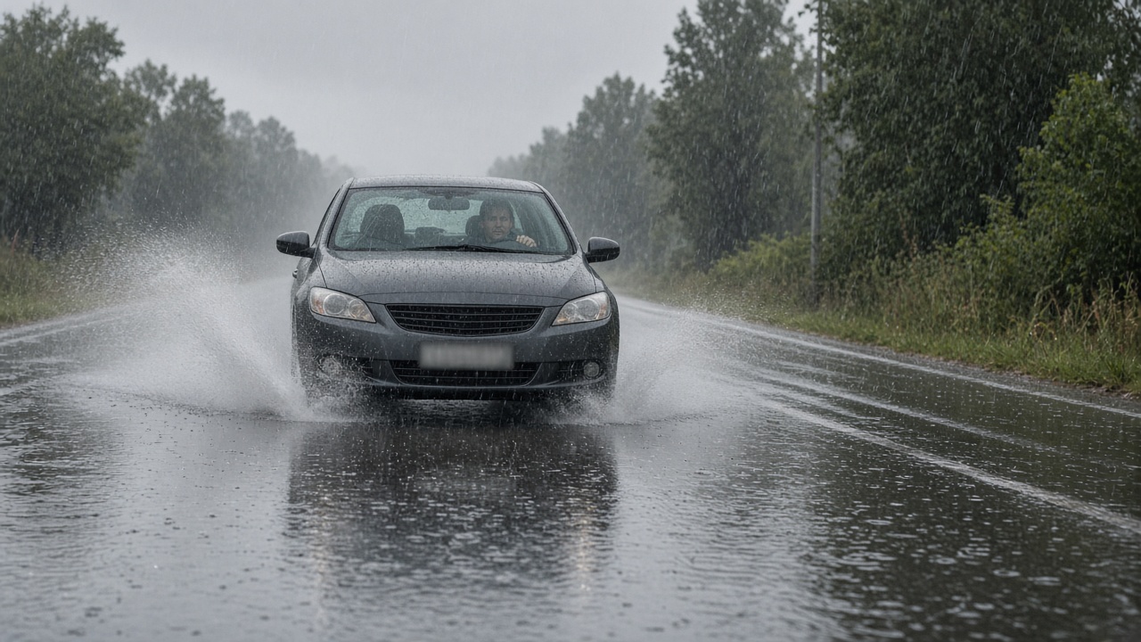 Bei Regen und Aquaplaning richtig reagieren 4 Auto fährt bei starkem Regen über eine nasse Fahrbahn