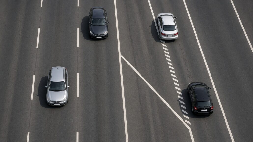 Reißverschlussverfahren: Wann und wie ordnet man sich ein? 2 Autos fahren im Reißverschluss an einer endenden Fahrspur zusammen