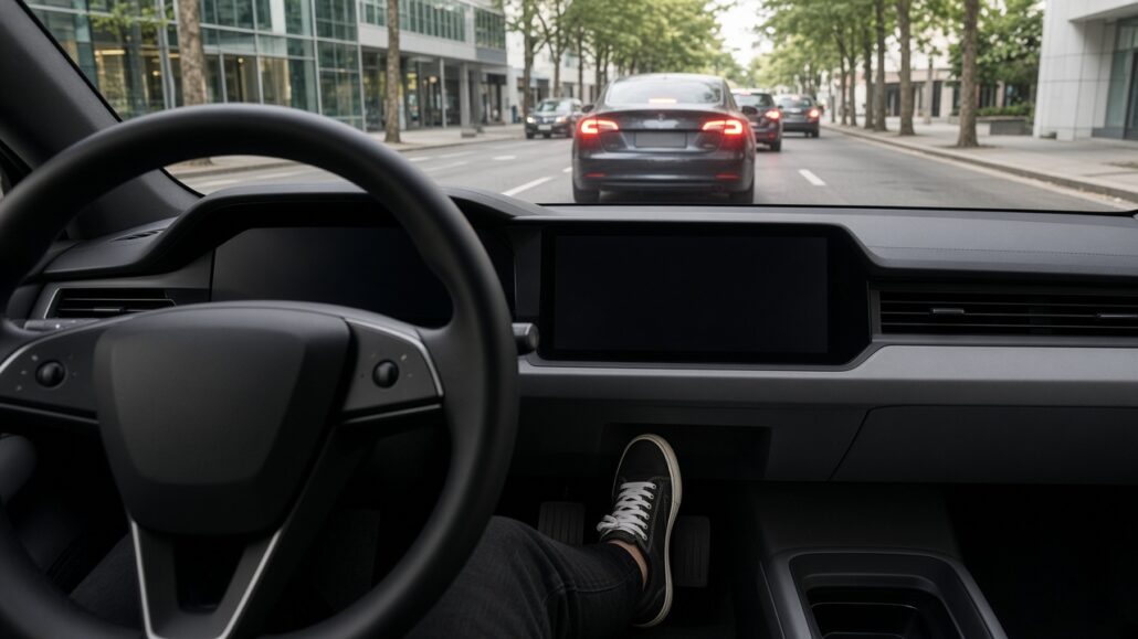 Rekuperation und One-Pedal-Driving einfach erklärt 2 Fahrerfuß am Pedal eines Elektroautos im Stadtverkehr