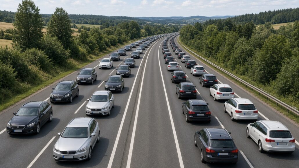 Rettungsgasse bilden: So verhältst du dich richtig 2 Fahrzeuge auf der Autobahn bilden bei Tageslicht eine freie Gasse in der Mitte
