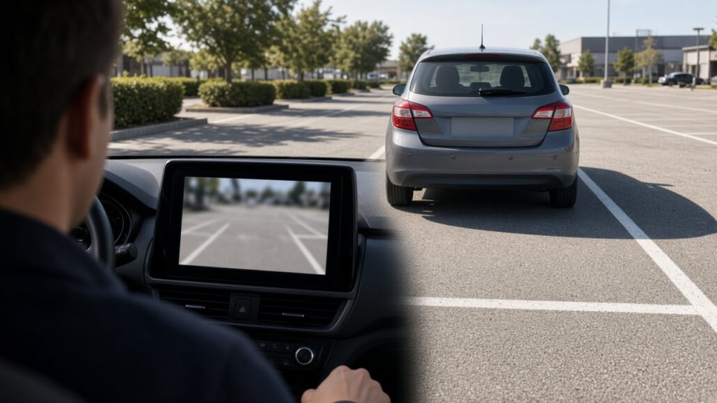 Rückfahrkamera und Parksensoren richtig nutzen 2 Fahrer rangiert langsam in eine Parklücke, Rückfahrkamera und Sensoren am Heck, Tageslicht