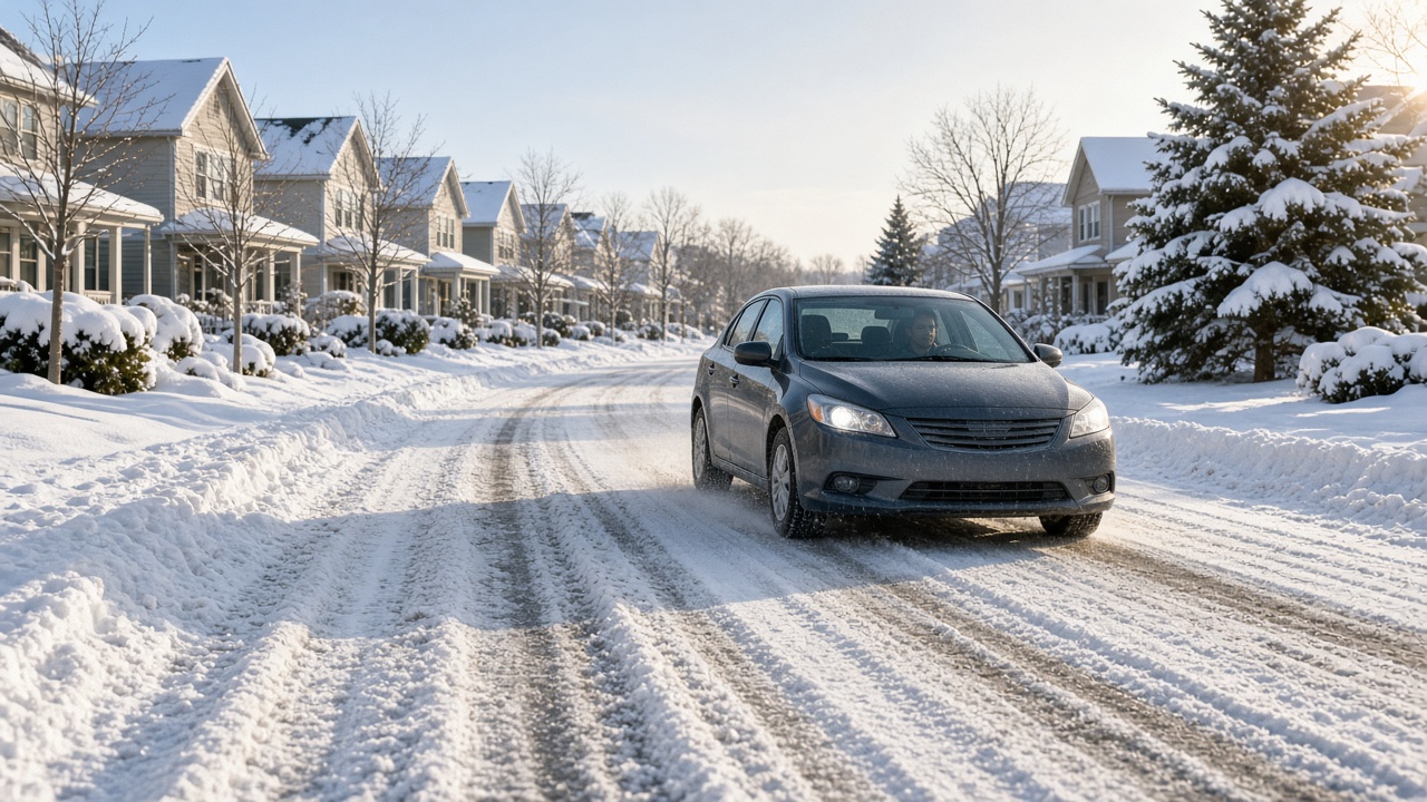 Bei Schnee und Glätte sicher fahren 8 Auto fährt langsam auf einer verschneiten Straße