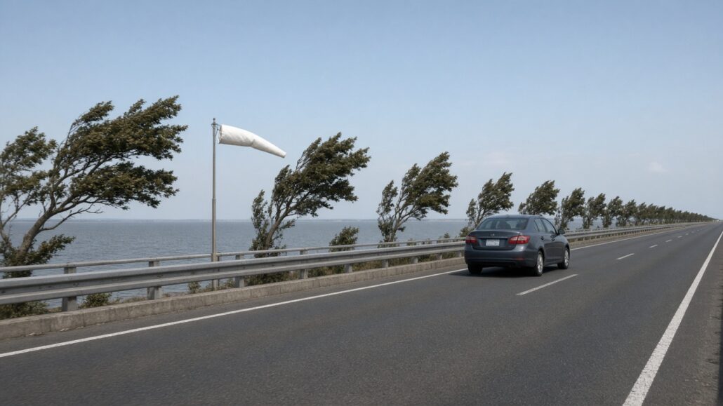Starker Wind und Seitenwind: So behältst du die Kontrolle 2 Auto auf einer freien Straße bei starkem Seitenwind, Bäume biegen sich
