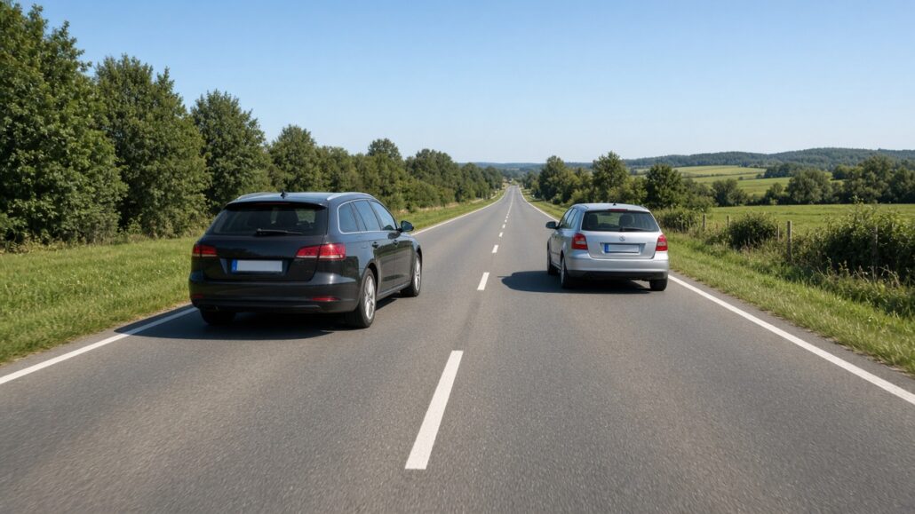 Sicher überholen auf der Landstraße 2 Auto überholt auf einer freien Landstraße ein langsameres Fahrzeug bei guter Sicht