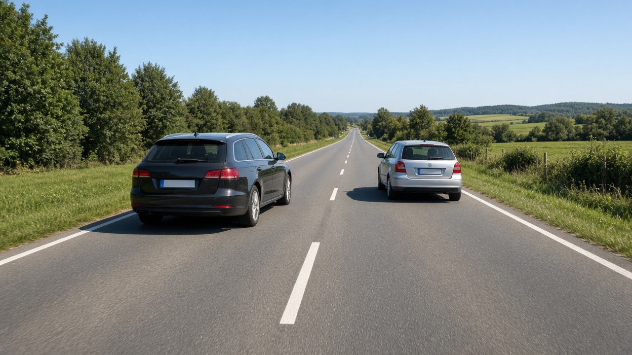 Sicher überholen auf der Landstraße 7 Auto überholt auf einer freien Landstraße ein langsameres Fahrzeug bei guter Sicht