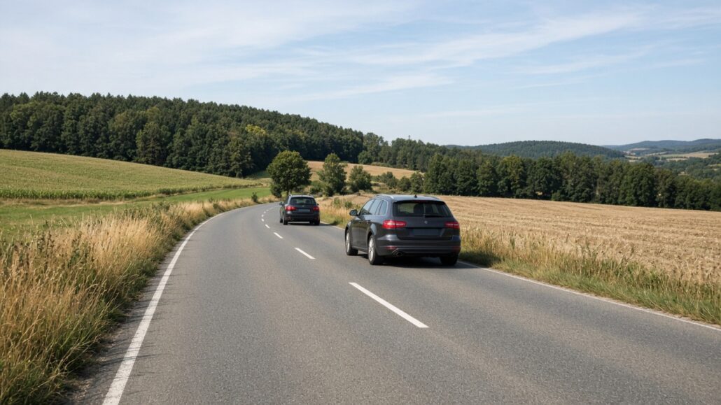 Sicherheitsabstand einschätzen: So entwickelst du ein Gefühl dafür 2 Zwei Autos fahren auf einer Landstraße mit deutlichem Abstand hintereinander