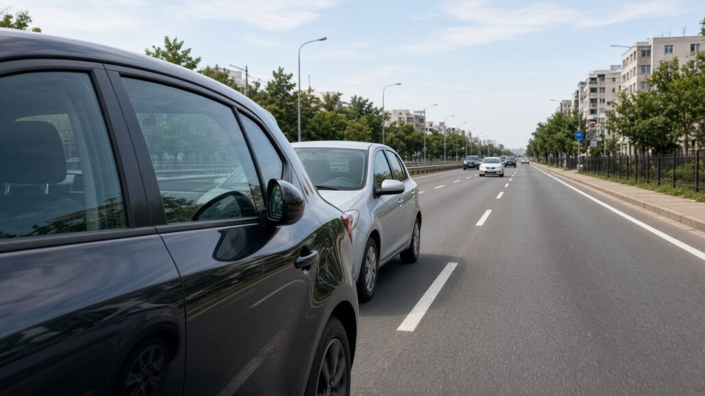 Spurhalteassistent und Totwinkelwarner verstehen 2 Auto auf mehrspuriger Straße, ein weiteres Fahrzeug im Bereich des toten Winkels, Tageslicht
