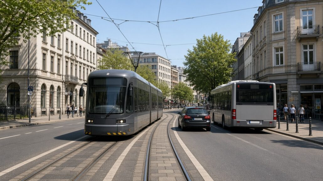 Straßenbahnen und Busse: So fährst du sicher im Stadtverkehr 2 Straßenbahn und Linienbus im Stadtverkehr, ein Auto hält Abstand auf der Fahrbahn