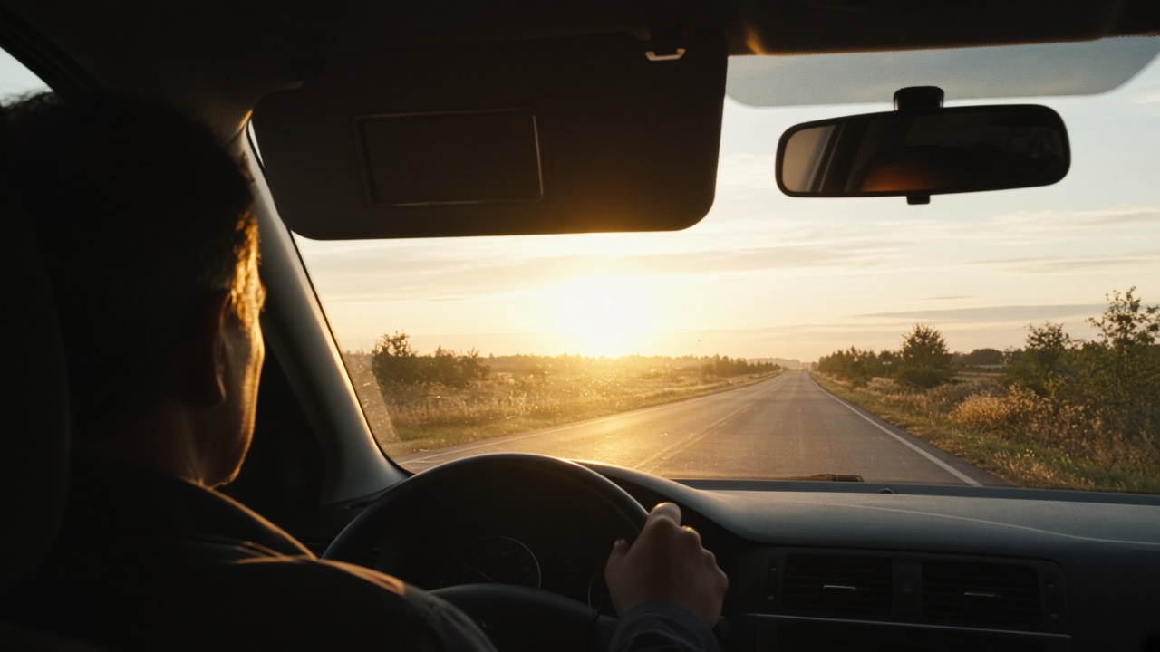 Bei tief stehender Sonne sicher fahren 3 Fahrer auf einer Straße bei tief stehender Sonne, die Sonne blendet, die Blende ist unten