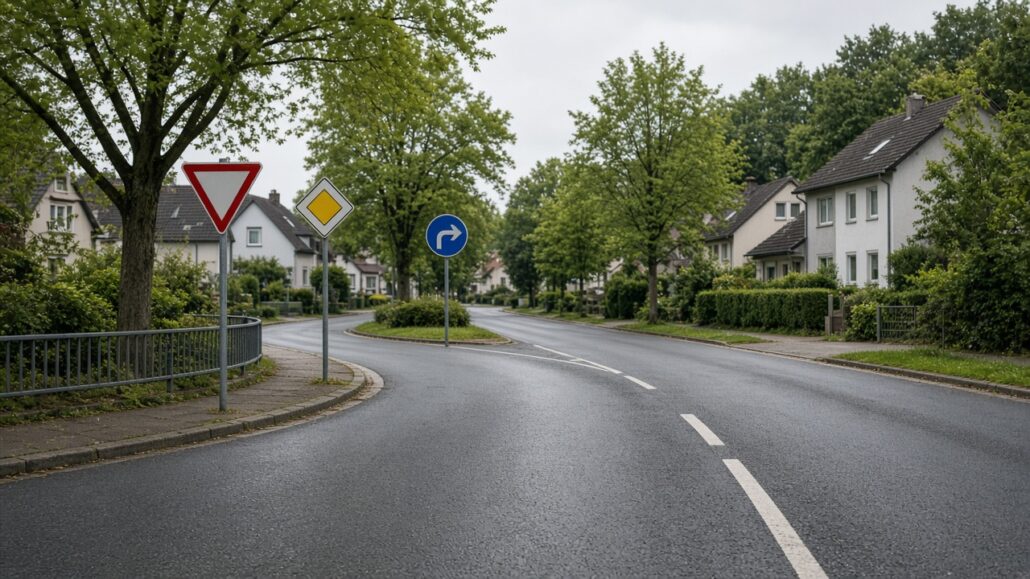 Verkehrsschilder verstehen: Welche werden häufig verwechselt? 2 Kreuzung mit Vorfahrtstraße, Vorfahrt-gewähren-Schild und blauem Richtungspfeil ohne Beschriftung