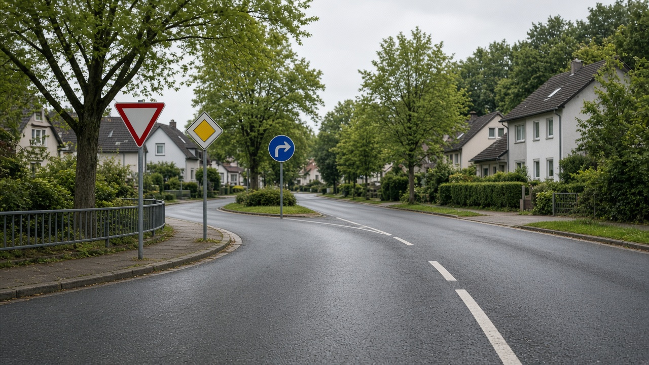 Verkehrsschilder verstehen: Welche werden häufig verwechselt? 6 Kreuzung mit Vorfahrtstraße, Vorfahrt-gewähren-Schild und blauem Richtungspfeil ohne Beschriftung