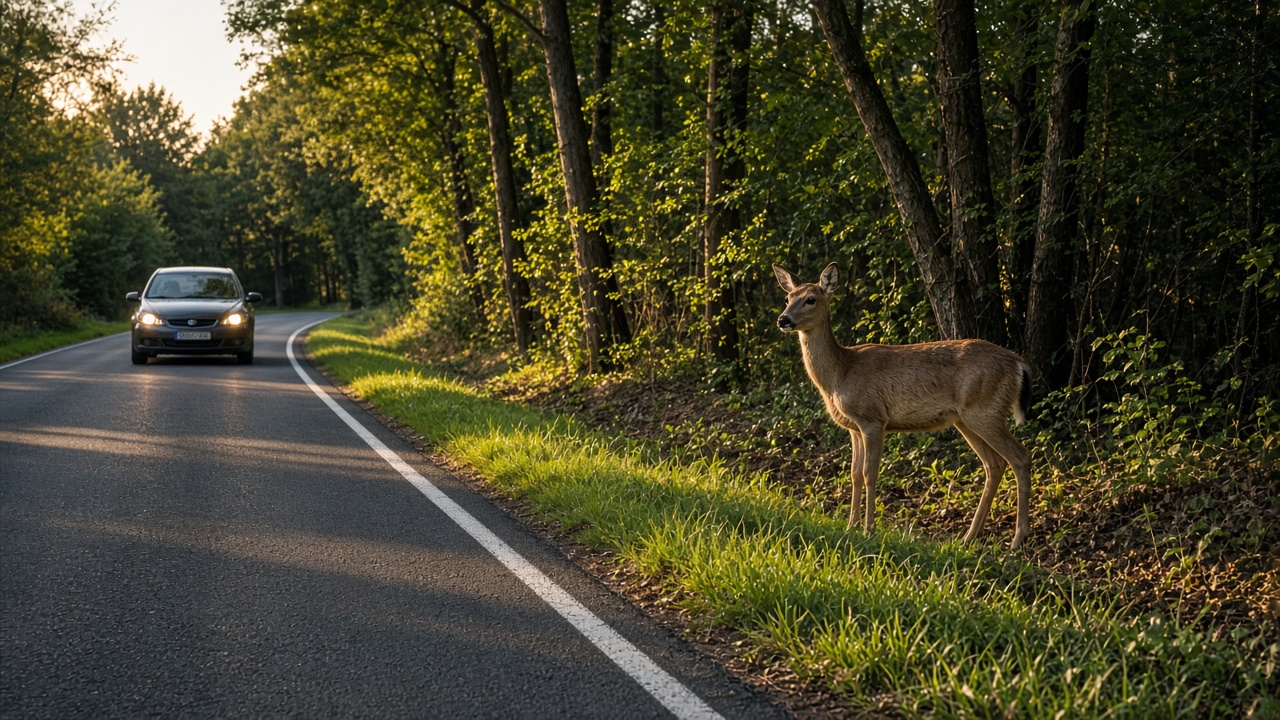 Wildwechsel: Gefahren erkennen und richtig reagieren 8 Reh am Waldrand neben einer Landstraße, ein Auto bremst rechtzeitig bei Tageslicht